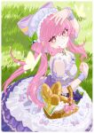  1girl absurdres artist_request baguette bare_shoulders basket bow bread brown_eyes bug butterfly chinese_commentary circle_skirt closed_mouth collar commentary_request commission country_lolita cowboy_shot day detached_collar detached_sleeves dot_nose double_bun dress dress_bow eyelashes eyes_visible_through_hair flower food frilled_dress frilled_headwear frilled_sleeves frilled_wrist_cuffs frills fruit grapes grass hair_bun hand_on_own_chest happy hat hat_bow hat_flower hat_ornament high_collar highres infinity_nikki lace_collar large_bow leaf_hat_ornament light_blush light_particles lolita_fashion long_hair long_sidelocks low_twintails mob_cap nail_polish nikki_(nikki) nikki_(series) outdoors pink_bow pink_hair plaid_clothes plaid_dress plaid_sleeves puffy_short_sleeves puffy_sleeves purple_bow purple_dress purple_hat purple_nails purple_wrist_cuffs second-party_source shade short_sleeves sidelocks single_stripe sleeveless sleeveless_dress smile solo standing striped_bow twintails very_long_hair wheat whispers_of_bliss_(infinity_nikki) white_collar wrist_cuffs yellow_butterfly 
