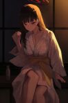  1girl absurdres alternate_costume black_hair black_halo blue_archive blunt_bangs blush bottle breasts bright_pupils choko_(cup) cleavage collarbone commentary_request cup drink halo highres japanese_clothes kimono large_breasts long_hair looking_at_viewer nishida_yuuto parted_lips partial_commentary red_eyes rio_(blue_archive) sake_bottle sash sitting solo thighs white_kimono white_pupils yellow_sash yukata 