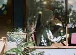  1boy 1girl absurdres arm_on_table blonde_hair blurry blurry_background booth_seating cafe caressing_cheek cherry collared_dress colored_eyelashes commentary_request dappled_sunlight dating day door dress earrings eating flipped_hair food frilled_cuffs from_outside from_side fruit gakuen_idolmaster hand_size_difference highres holding holding_spoon ice_cream idolmaster indoors jewelry long_hair long_sidelocks long_sleeves looking_at_another menu_board plant producer_(idolmaster) profile reaching reaching_towards_another reflection restaurant shinosawa_hiro sidelocks sitting spoon stud_earrings sundae sunlight swept_bangs through_window utsusemi_1024 window 