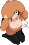  1boy 1girl absurdres artist_name black_eyes black_hair black_pantyhose blush breasts cleavage collarbone commentary english_commentary full_body hat hat_tug highres large_breasts long_hair long_sleeves mushroom_toppin_(pizza_tower) no_shoes one_eye_covered pantyhose peppino_spaghetti personification pizza_tower puffy_long_sleeves puffy_sleeves simple_background sitting sleeves_past_wrists solo_focus white_background yoako 