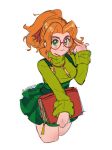  1girl book commentary deadlock_(game) english_commentary glasses green_eyes green_skirt green_sweater holding holding_book jewelry long_hair looking_at_viewer necklace orange_hair paige_(deadlock) red-framed_eyewear round_eyewear sd_emjie simple_background skirt solo sweater turtleneck turtleneck_sweater twitter_username white_background 