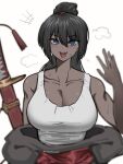  +++ 1girl artistic_error black_hair blue_eyes blurry blurry_background breasts cleavage collarbone commentary dark-skinned_female dark_skin english_commentary hair_between_eyes high_ponytail highres hwando im_gyeong-eop_(project_moon) large_breasts limbus_company long_hair looking_at_viewer mitama_nyan open_mouth ponytail project_moon red_ribbon ribbon sidelocks simple_background smile solo steaming_body sweat tank_top tassel teeth twitter_username upper_body upper_teeth_only very_sweaty white_background wrong_hand 