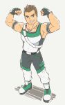  1boy armband asatsuki_(fgfff) belt belt_buckle blue_eyes brown_hair buckle clenched_hands collarbone commentary_request fingerless_gloves flexing full_body gloves grin jewelry looking_at_viewer male_focus muscle_man_(pokemon) necklace pants pokemon pokemon_battle_revolution shirt shoes short_hair sleeveless sleeveless_shirt smile solo sparkle standing teeth 