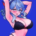 1girl ako_(blue_archive) armpits arms_up artist_name black_bra blue_archive blue_background blue_eyes blue_hair blue_halo bra breasts cleavage halo large_breasts papacat solo underwear underwear_only upper_body 