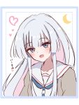  1girl :d absurdres alternate_costume blue_border blue_eyes blue_neckerchief blunt_bangs blunt_sidelocks blush border cardigan cho_kaguya-hime! colored_inner_hair commentary_request crescent dot_nose grey_cardigan hair_down heart highres hime_cut long_hair multicolored_hair neckerchief open_cardigan open_clothes open_mouth pink_hair portrait runami_yachiyo sailor_collar sailor_shirt school_uniform shirt sidelocks simple_background smile solo straight_hair translation_request tunakou27 two-tone_hair white_background white_hair white_sailor_collar white_shirt 