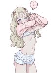  1girl arms_up blonde_hair bloomers blue_eyes blush bomhat bra breasts caught choppy_bangs cowboy_shot fingernails flower frilled_bloomers frills hair_flower hair_ornament heart heart_print highres long_hair looking_at_viewer navel original pink_flower pink_shirt print_bra ribbon rose shirt simple_background skindentation sleeves_past_wrists small_breasts solo speech_bubble stomach underwear underwear_only undressing wavy_hair white_background white_bloomers white_bra white_ribbon 