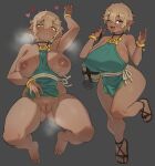  1girl absurdres barefoot biting_own_lip blonde_hair blue_eyes borrowed_character bracelet breasts clothing_request commentary curvy dark-skinned_female dark_skin dress english_commentary female_pubic_hair flowerpigeon full_body green_dress grey_background heart highres huge_breasts jewelry multicolored_eyes multiple_views nipples one_eye_closed open_mouth original pointy_ears pubic_hair pussy red_eyes rope_belt sandals sheet_grab short_hair shortstack simple_background sleeveless sleeveless_dress sweat thick_thighs thighs two-tone_eyes wide_hips 