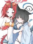  2girls animal_ears bikini black_eyes black_hair blue_archive blue_bikini breasts cat_ears cat_girl cat_tail cleavage commentary grin halo highres horns kikyou_(blue_archive) kikyou_(swimsuit)_(blue_archive) multiple_girls multiple_tails official_alternate_costume red_eyes red_hair renge_(blue_archive) renge_(swimsuit)_(blue_archive) simple_background single_horn smile stomach sweatdrop swimsuit tachikaze_miyako tail two_tails white_background yellow_bikini 