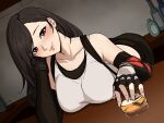  1girl absurdres alcohol bare_shoulders bent_over black_gloves black_hair black_skirt blush breast_rest breasts breasts_on_table collarbone commentary counter crop_top cup daydarion drinking_glass earrings elbow_gloves elbow_pads english_commentary final_fantasy final_fantasy_vii final_fantasy_vii_remake fingerless_gloves glass gloves highres jewelry large_breasts leaning_forward lips long_hair looking_at_viewer on_table pink_lips red_eyes single_arm_guard single_elbow_pad skirt solo suspender_skirt suspenders suspenders_gap table tank_top teardrop_earrings tifa_lockhart upper_body white_tank_top 