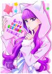  1girl absurdres animal_hood birthday blunt_bangs cat_hood commentary happy_birthday highres hood hoodie kirakira_precure_a_la_mode kotozume_yukari looking_at_viewer momo02634 parted_lips pink_hoodie precure purple_eyes purple_hair solo star_(symbol) 