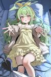  1girl absurdres bare_shoulders blue_archive blurry blurry_foreground blush bow bow_hairband breasts chemise cleavage commentary_request covered_nipples demon_girl demon_tail dot_nose double-parted_bangs dress ear_blush feet_out_of_frame from_above furrowed_brow green_hair green_halo grey_jacket hairband halo highres hikari_(blue_archive) hikari_(kujibikido)_(blue_archive) indoors jacket knee_blush knee_up long_hair lying night nightstand official_alternate_costume on_back on_bed open_clothes open_jacket open_mouth outstretched_arms outstretched_hand pillow pointy_ears pov reaching reaching_towards_viewer sak_(lemondisk) shirt_tug sidelighting small_breasts solo spaghetti_strap tail tail_around_own_leg thick_eyebrows very_long_hair wavy_hair yellow_bow yellow_chemise yellow_dress yellow_eyes yellow_hairband 