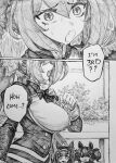  3girls ? breasts chibi chronozbergh commentary daiwa_scarlet_(peak_blue)_(umamusume) daiwa_scarlet_(umamusume) english_commentary english_text height_difference highres horse_girl inari_one_(edomurasaki)_(umamusume) inari_one_(umamusume) large_breasts monochrome multiple_girls nishino_flower_(layered_petals)_(umamusume) nishino_flower_(umamusume) panicking smile sweat sweatdrop tall_female twintails umamusume 
