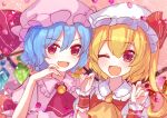  2girls ascot bat_wings blonde_hair blue_hair blush collared_shirt commentary_request crystal crystal_wings eyes_visible_through_hair fang flandre_scarlet frilled_shirt_collar frills hat hat_ribbon highres long_hair looking_at_viewer mob_cap multicolored_wings multiple_girls one_side_up open_mouth pink_hat pink_shirt red_ascot red_eyes red_vest remilia_scarlet ribbon shirt siblings sisters skin_fang smile tomomasa_(coralsea23) touhou upper_body vest white_hat white_shirt wings yellow_ascot 
