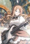  1girl alternate_costume artist_request bang_dream! bang_dream!_it's_mygo!!!!! bass_guitar blue_eyes breasts brown_hair center_frills chinese_commentary clock closed_mouth collared_shirt commentary_request commission cowboy_shot frilled_shirt frilled_sleeves frills gears guitar hair_ornament hairclip highres holding holding_bass_guitar holding_instrument instrument long_hair musical_note nagasaki_soyo neck_ribbon puffy_sleeves ribbon second-party_source shirt smile solo sparkle standing white_shirt 