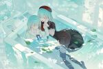  2girls absurdres aqua_hair ascot bang_dream! bang_dream!_it's_mygo!!!!! bathtub beret black_capelet black_dress black_thighhighs capelet chinese_commentary closed_mouth commentary_request dress green_hair hair_ornament hairclip hand_on_another's_cheek hand_on_another's_face hat highres holding_another's_wrist leaf long_hair long_sleeves looking_at_another mortis_(bang_dream!) mortis_(costume)_(bang_dream!) multiple_girls open_mouth partially_submerged red_hat red_shorts ribbon shirt shorts sitting skirt thighhighs wakaba_mutsumi water white_dress white_sleeves yellow_eyes yu_cheyeweimian 