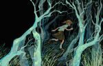  1girl absurdres ahoge bare_tree bleeding blood blood_on_face blunt_bangs brown_hair brown_shoes brown_skirt collared_shirt commentary dungeons_&amp;_dragons english_commentary faceless faceless_female fishieguy floating_clothes floating_hair forest from_side full_body grass highres just_roll_with_it just_roll_with_it:_unwitness_protection_program kneehighs medium_skirt nature night norah_fleetwood outdoors pleated_skirt ponytail running school_uniform shirt shoes short_hair short_ponytail short_sleeves sidelocks skirt socks solo tree white_shirt white_socks 