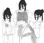  1girl absurdres blush bulge clothes_lift clothes_pull cum cum_in_clothes cum_on_body cum_on_self cum_on_stomach cum_string erection erection_under_clothes futanari greyscale hair_between_eyes hair_bun highres huge_penis imkay_3 lifting_own_clothes monochrome multiple_views original penis shirt_lift shorts shorts_pull single_hair_bun uncensored veins veiny_penis white_background 
