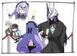  2boys 2girls :t ahoge ascot belle_(brilliance_of_stars)_(zenless_zone_zero) belle_(zenless_zone_zero) black_hat black_jacket black_sweater blue_hair bow bowtie caseee999 closed_mouth commentary_request drill_hair glowstick grey_hair hairband hat highres holding holding_glowstick jacket long_hair multiple_boys multiple_girls neckerchief necktie official_alternate_costume pointy_ears purple_ascot purple_bow purple_bowtie purple_hair purple_hairband pyrois_(zenless_zone_zero) red_eyes short_hair shrug_(clothing) simple_background sparkle sunglasses sweater vivian_banshee white_background white_shrug wise_(oath_of_skies)_(zenless_zone_zero) wise_(zenless_zone_zero) yellow_neckerchief yellow_necktie zenless_zone_zero 
