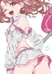  1girl :d ;d ass bare_shoulders breasts brown_eyes brown_hair commentary detached_sleeves from_behind highres long_hair looking_back microskirt official_alternate_costume one_eye_closed open_mouth panties pink_panties pleated_skirt race_queen shirai_kuroko skirt small_breasts smile solo teeth thighs toaru_kagaku_no_railgun toaru_majutsu_no_index tongue twintails underwear wavy_hair white_background white_skirt white_sleeves yamadaaaaa_46 zipper_pull_tab zipper_top 