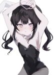  1girl animal_ears armpits arms_up bare_shoulders black_hair black_leotard black_pantyhose blush closed_mouth commentary_request cuffs detached_collar grey_eyes handcuffs harumaking highres kurobe_nanoka leotard long_hair looking_at_viewer mahou_shoujo_no_majo_saiban pantyhose playboy_bunny rabbit_ears simple_background sitting solo strapless strapless_leotard twintails upper_body white_background 