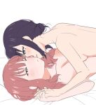  2girls ayatsumugi_roka blush breasts cho_kaguya-hime! commentary green_eyes hair_bun holding_hands imoru18 interlocked_fingers long_hair lying_on_person medium_breasts multiple_girls nude one_eye_closed parted_lips pink_hair purple_hair sakayori_iroha simple_background white_background yuri 
