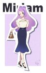  1girl alternate_costume bag blouse blush breasts character_name closed_mouth coat collarbone commentary_request earrings flower_earrings green_eyes handbag high_heels highres holding jewelry long_hair long_sleeves meru_merume603 miriam_(pokemon) multicolored_hair one_eye_closed pink_hair pokemon pokemon_scarlet_and_violet purple_hair shirt signature skirt smile solo streaked_hair swept_bangs white_shirt 