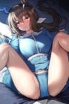  1boy 1girl absurdres admire_vega_(umamusume) animal_ears asdkd123 bed_sheet black_pants blue_dress blue_panties blush breasts brown_hair commentary_request dress ear_covers ear_ornament hair_between_eyes head_on_pillow highres horse_ears horse_girl large_breasts long_hair looking_at_viewer low_ponytail lying on_back on_bed open_mouth panties pants pillow ponytail red_eyes revision single_ear_cover spread_legs sweat thighs umamusume underwear 