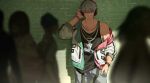  1boy against_wall arurandeisu arurandeisu_(1st_costume) black_tank_top bracelet brick_wall chain chain_necklace commentary_request cowboy_shot glasses grey_hair grey_pants hand_in_pocket hand_on_headphones headphones highres hikariemochi holostars hood hooded_jacket jacket jewelry male_focus necklace pants shirt short_hair sleeveless sleeveless_shirt solo_focus tank_top three-quarter_sleeves virtual_youtuber watch white_jacket wristwatch 