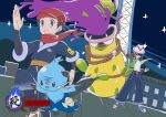  1boy 1girl asatsuki_(fgfff) black_shirt blue_shoes brown_hair commentary_request dewott floating_scarf harmony_(pokemon) hat holding holding_poke_ball jacket logo night open_clothes open_jacket outdoors outstretched_arm pants poke_ball poke_ball_(basic) pokemon pokemon_(creature) pokemon_battle pokemon_legends:_arceus pokemon_legends:_z-a red_hat red_scarf rei_(pokemon) running scarf shirt shoes sparkle victreebel 