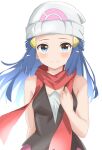  1girl absurdres beanie black_shirt blue_eyes blush closed_mouth commentary dawn_(pokemon) eyelashes hair_ornament hairclip hand_up hat highres long_hair looking_at_viewer maho_ron1 pokemon pokemon_diamond/pearl/platinum red_scarf scarf shirt sidelocks simple_background sleeveless sleeveless_shirt smile solo upper_body white_background 