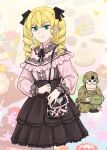  1boy 1girl :| akuyaku_reijou_tensei_ojisan bag black_bag black_ribbon black_skirt blonde_hair cake camouflage claymore_(mine) closed_mouth commentary_request cowboy_shot drill_hair explosive eyeshadow food frills glasses grace_auvergne green_eyes hair_ribbon handbag high-waist_skirt highres ice_cream jirai_kei long_hair looking_at_viewer macaron makeup military_combat_uniform military_uniform mine_(weapon) on_one_knee opaque_glasses pink_eyeshadow pink_shirt ribbon shirt skirt smile standing star_(symbol) tondabayashi_kenzaburou too_literal ueyama_michirou 