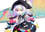  1girl absurdres beret black_hat black_jacket bow collared_shirt colored_tips commentary_request hair_bow harumaking hat heterochromia highres jacket jacket_partially_removed jogasaki_noah long_hair long_sleeves looking_at_viewer mahou_shoujo_no_majo_saiban multi-tied_hair multicolored_hair neck_ribbon off_shoulder open_mouth pointing pointing_at_viewer polka_dot polka_dot_bow polka_dot_skirt red_eyes ribbon shirt skirt solo stained_glass streaked_hair white_hair white_shirt wide_sleeves yellow_eyes 