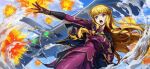  1girl aircraft black_gloves blonde_hair blue_eyes blue_sky blunt_bangs capelet cloud code_geass code_geass:_lost_stories explosion f4samurai game_asset gloves gloves_over_sleeves highres jacket monica_kruszewski non-web_source official_alternate_costume official_art open_mouth outstretched_arm purple_capelet purple_jacket purple_skirt red_ribbon ribbon self-datamine serious sidelocks skirt sky under-elbow_gloves 