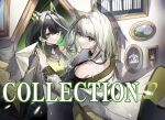  2girls absurdres ahoge animal_ear_fluff animal_ears arknights bare_shoulders black_collar black_hair breasts cat_ears cat_girl collar commentary_request crystal_horns detached_collar different_reflection dress from_behind gomago_magoma green_dress green_eyes green_hair hair_between_eyes hair_intakes hand_on_mirror highres horns huge_ahoge indoors jacket kal'tsit_(arknights) long_sleeves looking_at_viewer looking_back mannequin medium_breasts mirror mon3tr_(arknights) multicolored_hair multiple_girls off-shoulder_dress off-shoulder_jacket off_shoulder parted_lips picture_frame reflection sidelocks sleeveless sleeveless_dress stethoscope stethoscope_around_neck streaked_hair turning_head upper_body white_collar 