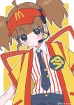  1girl :/ absurdres ahoge arm_out_of_frame back_ribbon badge black_eyes black_necktie black_shorts blush border brown_hair button_badge character_name closed_mouth collared_shirt commentary contrast_collar cut_bangs employee_uniform eyelashes fast_food_uniform happi headset highres imadake_dabuchi_tabemi japanese_clothes looking_at_viewer mcdonald's necktie open_happi outline outside_border pinstripe_pattern pinstripe_shirt raised_eyebrows red_ribbon red_trim red_visor_cap ribbon shiroma_renri shirt short_hair short_sleeves short_twintails shorts simple_background solo striped_clothes striped_shirt thick_eyelashes tie_clip twintails twitter_username unamused upper_body v-shaped_eyebrows vertical-striped_clothes vertical-striped_shirt visor_cap white_border white_outline white_shirt yellow_background yellow_happi 