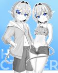  1boy absurdres arms_behind_back basher bikini blue_background blue_bow blue_eyes boros_(ouro_kronii) bow choker closed_mouth commentary cowboy_shot crossdressing crossdressing_(mtf) english_commentary greyscale_with_colored_background hair_between_eyes hair_bow hair_intakes hands_in_pockets highleg highleg_bikini highres hololive hololive_english hood hoodie jacket looking_at_viewer male_focus multiple_views navel open_fly partially_unzipped personification pointy_ears ruffle_bikini short_hair short_shorts shorts smile snake_boy snake_tail spot_color stomach swimsuit tail trap virtual_youtuber 