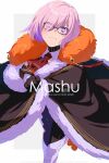  1girl ascot black_bodysuit black_cape black_gloves blush bodysuit boots breasts cape character_name commentary_request cosplay echo_(circa) fate/grand_order fate_(series) fur-trimmed_cape fur_trim glasses gloves hair_over_one_eye large_breasts long_sleeves looking_at_viewer mash_kyrielight olga_marie_animusphere pink_hair purple_eyes short_hair solo striped_bodysuit tassel thigh_boots thighs u-olga_marie u-olga_marie_(cosplay) white_boots wing_collar 