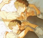  2boys arm_up black_shirt closed_eyes collared_shirt commentary english_commentary facial_hair glasses goatee hand_on_another's_chest hand_on_another's_head highres hug kiss kissing_forehead long_sleeves lying male_focus multiple_boys multiple_views olruggio_(tongari_boushi_no_atelier) on_back on_side open_collar parted_lips peiskios pince-nez qifrey_(tongari_boushi_no_atelier) shirt tongari_boushi_no_atelier upper_body white_shirt wing_collar yaoi 