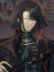  1boy black_coat black_hair changpao character_name chinese_clothes closed_eyes closed_mouth coat commentary curtained_hair fate/grand_order fate_(series) fishing_rod high_collar highres holding holding_fishing_rod long_sleeves shirt smile solo suzuhi_(fullprayer) taigong_wang_(fate) upper_body 