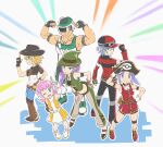  3boys 3girls :d ;d arm_up armband asatsuki_(fgfff) bag blonde_hair blue_eyes brown_shoes closed_mouth commentary_request cool_boy_(pokemon) cool_girl_(pokemon) dress elbow_gloves fingerless_gloves flexing gloves goggles goggles_on_headwear green_hat green_shirt grin hand_on_own_hip hat helmet highres jacket jewelry little_girl_(pokemon) multiple_boys multiple_girls muscle_man_(pokemon) necklace one_eye_closed pants pigeon-toed pink_hair pirate_hat pokemon pokemon_battle_revolution red_hat red_shoes shirt shoes short_sleeves sleeveless sleeveless_shirt smile standing teeth twintails v white_gloves yellow_bag young_boy_(pokemon) young_girl_(pokemon) 