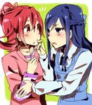  aida_mana bad_id bad_pixiv_id blue_eyes blue_hair blush bow dokidoki!_precure food food_on_face hishikawa_rikka multiple_girls pink_bow pink_eyes pink_hair precure short_hair spoon suurin_(ksyaro) yuri 