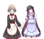  2girls alternate_costume apron apron_grab arm_behind_back black_dress black_hair blush bow bowtie closed_eyes clothes_grab colored_inner_hair columbina_(genshin_impact) commentary dot_nose dress english_commentary facing_viewer genshin_impact hair_bow hair_ribbon head_tilt highres holding_hands long_hair long_sleeves looking_at_viewer multicolored_hair multiple_girls neck_ribbon nonoberry22 puffy_short_sleeves puffy_sleeves purple_hair red_ribbon ribbon sandrone_(genshin_impact) short_sleeves simple_background smile very_long_hair waist_apron white_background white_bow white_bowtie white_dress white_ribbon 