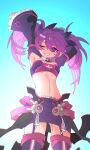  1girl absurdres aisha_landar armpits arms_up bandeau bat_wings blackcatwithu cross detached_collar detached_sleeves elsword garter_straps highres long_sleeves looking_at_viewer looking_down midriff navel one_eye_closed purple_bandeau purple_eyes purple_hair purple_skirt purple_sleeves purple_thighhighs purple_trim skirt smile strapless stretching thighhighs tube_top twintails void_princess_(elsword) wings zipper 