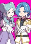  2girls aqua_hair artist_name beta_(inazuma_eleven) blue_eyes blue_gem blue_hair bow bowtie coat commentary crossdressing crossdressing_(ftm) curtained_hair double_bun dress epaulettes frilled_dress frilled_gloves frills gem gloves hair_bow hair_bun hair_ribbon highres inazuma_eleven inazuma_eleven_(series) inazuma_eleven_cross inazuma_eleven_go inazuma_eleven_go_chrono_stone long_hair long_sleeves looking_at_viewer military_uniform multicolored_hair multiple_girls no_pupils official_alternate_costume pants parted_bangs pink_background puffy_short_sleeves puffy_sleeves purple_bow purple_bowtie purple_dress purple_eyes reaching reaching_towards_viewer ribbon shichibuonpu short_sleeves smile streaked_hair two-tone_hair white_coat white_gloves white_pants white_ribbon white_streaks yagami_reina 