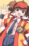  1girl :d absurdres ahoge back_ribbon badge black_eyes black_necktie black_shorts blush border brown_hair button_badge collared_shirt commentary contrast_collar cut_bangs dutch_angle employee_uniform fast_food_uniform hand_on_own_hip hand_up happi headset highres imadake_dabuchi_tabemi japanese_clothes kiyakyuu looking_at_viewer mcdonald's necktie open_hand open_happi open_mouth outside_border pinstripe_pattern pinstripe_shirt red_ribbon red_trim red_visor_cap ribbon round_border shirt short_hair short_sleeves short_twintails shorts smile solo spread_fingers striped_clothes striped_shirt tie_clip twintails upper_body vertical-striped_clothes vertical-striped_shirt visor_cap waving white_background white_shirt wristband yellow_border yellow_happi 