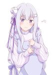  1girl alternate_costume apron blush braid braided_ponytail closed_mouth commentary_request emilia_(re:zero) flower hair_flower hair_ornament hair_ribbon highres kaedemarine long_hair looking_at_viewer purple_eyes purple_ribbon re:zero_kara_hajimeru_isekai_seikatsu ribbon shirt smile solo very_long_hair white_apron white_hair white_shirt x_hair_ornament 