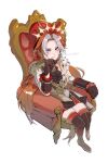  absurdres ahoge animal_ears ascot black_ascot black_boots black_gloves black_skirt blue_eyes blush boots commentary ear_covers gem gloves green_gem highres horse_ears horse_girl horse_tail jacket long_hair long_sleeves looking_at_viewer multicolored_hair on_throne orange_hair orfevre_(control)_(umamusume) orfevre_(umamusume) parted_lips pechika_01 simple_background single_ear_cover sitting skirt smile tail thigh_boots throne twitter_username two-tone_hair umamusume white_background white_hair white_jacket 