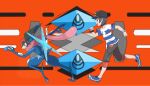  1boy :d asatsuki_(fgfff) ash-greninja black_hair black_hat blue_shoes bracelet capri_pants clenched_hands commentary_request elio_(pokemon) from_side greninja grey_eyes hand_up hat jewelry male_focus open_mouth pants pokemon pokemon_(creature) pokemon_sun_and_moon running shirt shoes short_hair short_sleeves smile t-shirt teeth upper_teeth_only z-ring 