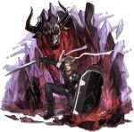  1boy animal_ears arknights black_jacket brown_eyes brown_hair cow_boy cow_ears cow_horns cow_tail earrings full_body highres holding holding_shield horns jacket jewelry kjerag_logo leather leather_jacket looking_at_viewer male_focus matterhorn_(arknights) medium_hair official_art pectorals ryuuzaki_ichi shield solo sword tail third-party_source toned toned_male weapon 