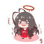  1girl :d afterimage black_hair black_sailor_collar black_serafuku black_shirt black_shoes black_skirt black_wings blue_archive blush chibi colored_shadow commentary_request flapping flying_sweatdrops halo kurukurumagical long_hair nervous_smile nose_blush pleated_skirt red_eyes sailor_collar school_uniform serafuku shadow shirt shoes simple_background skirt smile solo standing tsurugi_(blue_archive) very_long_hair white_background wings 